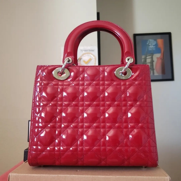 Lady D.ior red patent silver hw medium bag - Picture 5 of 12